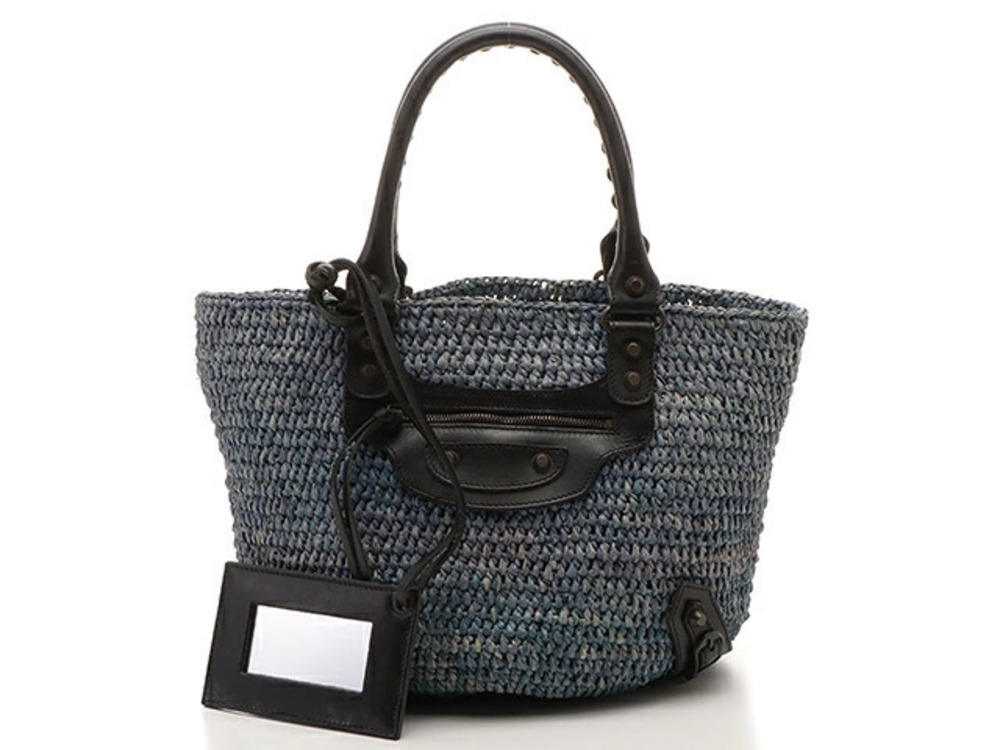 Balenciaga Straw Tan Bag Handbag Basket Blue Black Raffia Calfskin